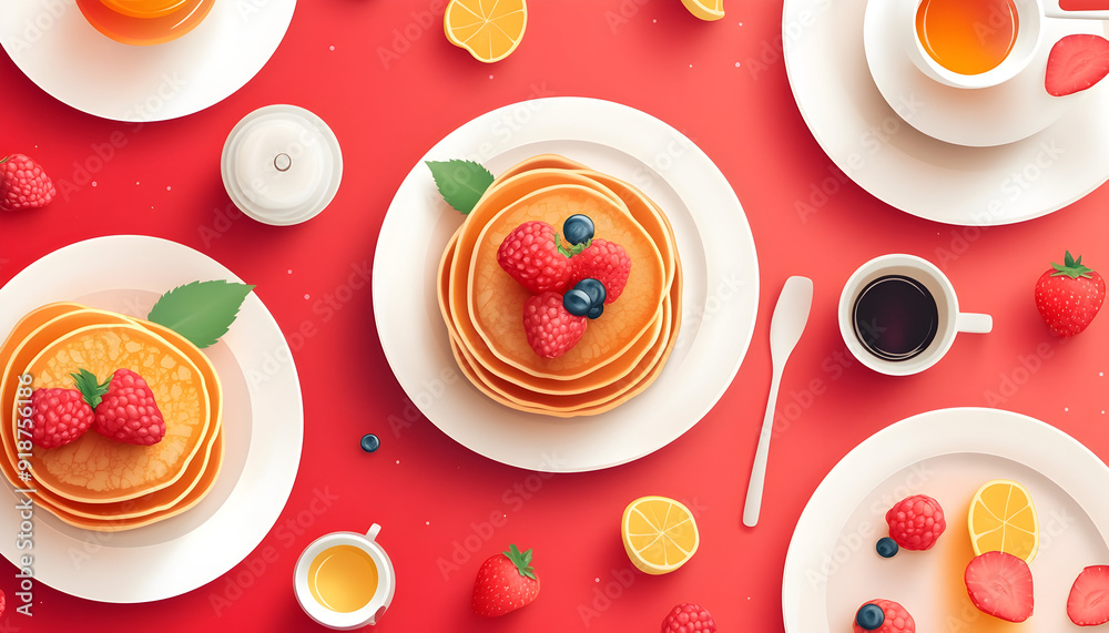 Illustration of a flat lay featuring a breakfast spread with pancakes, syrup, and fruit, viewed from the top with copy space Illustration of a flat lay featuring a breakfast spread with pancakes, syrup, and fruit, viewed from the top with copy space