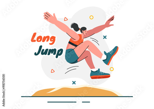 Vector Illustration of an Athlete Performing a Long Jump in a Sand Pit in Sports Championship Themes in Flat Style Cartoon Background