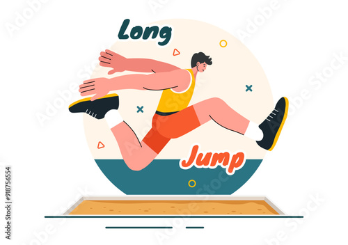 Vector Illustration of an Athlete Performing a Long Jump in a Sand Pit in Sports Championship Themes in Flat Style Cartoon Background