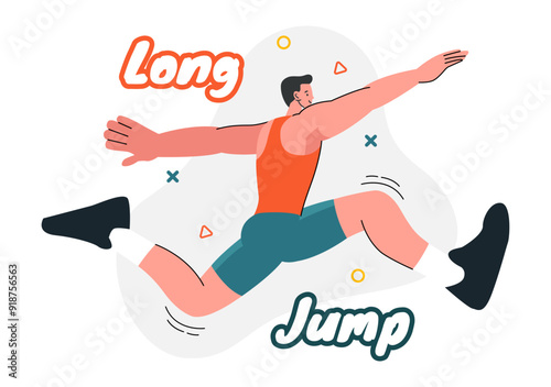 Vector Illustration of an Athlete Performing a Long Jump in a Sand Pit in Sports Championship Themes in Flat Style Cartoon Background