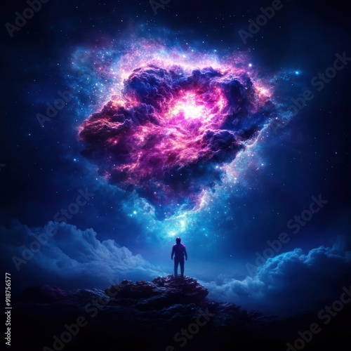 A lone figure stands on a mountaintop, gazing up at a swirling, celestial cloud.