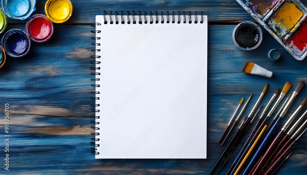 Illustration of a flat lay showing a watercolor painting setup with brushes, paints, and a sketchbook, viewed from above with space for text Illustration of a flat lay showing a watercolor painting setup with brushes, paints, and a sketchbook, viewed from above with space for text
