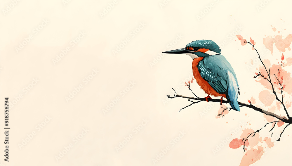 Illustration of a kingfisher perched against a light-colored background Illustration of a kingfisher perched against a light-colored background