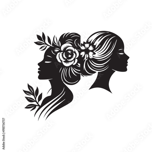 Fashionable woman's profile silhouette with ornate floral hair design