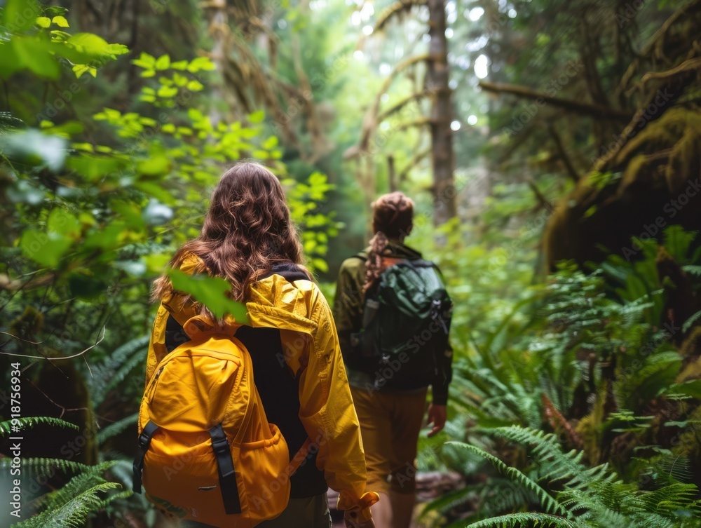 Two hikers traverse a lush forest, surrounded by vibrant greenery and towering trees, enjoying the tranquility of nature. Two hikers traverse a lush forest, surrounded by vibrant greenery and towering trees, enjoying the tranquility of nature.