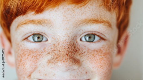 a closeup portrait of a young boy with freckles and bright red hair smiling widely symbolizing innocence and joy perfect for familyoriented brands or products focused on happiness and playfulness