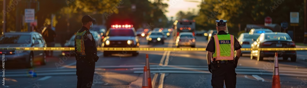 Police officers manage a traffic incident scene with emergency vehicles in the background during sunset hours. Police officers manage a traffic incident scene with emergency vehicles in the background during sunset hours.