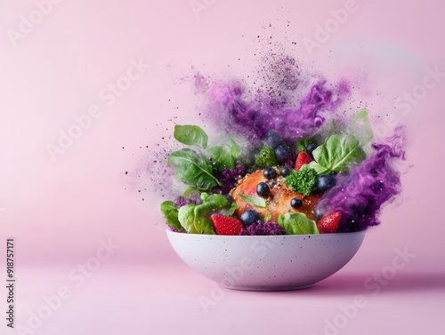 Colorful salad with salmon, berries and greens exploding in pink background