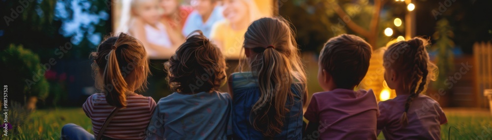 Children enjoying an outdoor movie night, captivated by a film under twinkling lights, creating joyful memories. Children enjoying an outdoor movie night, captivated by a film under twinkling lights, creating joyful memories.