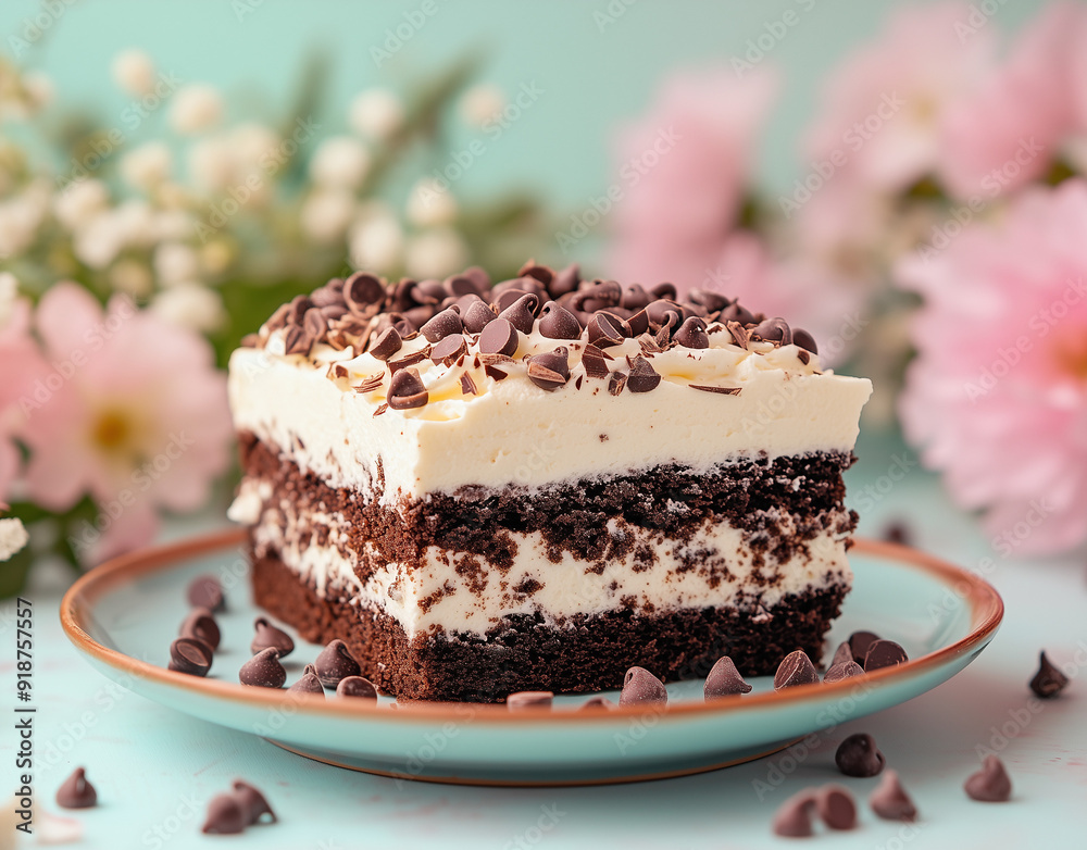 square slice of chocolate cake with white cream and chocolate chips on top, placed in the center of an elegant plate against a soft blue background and flower square slice of chocolate cake with white cream and chocolate chips on top, placed in the center of an elegant plate against a soft blue background and flower