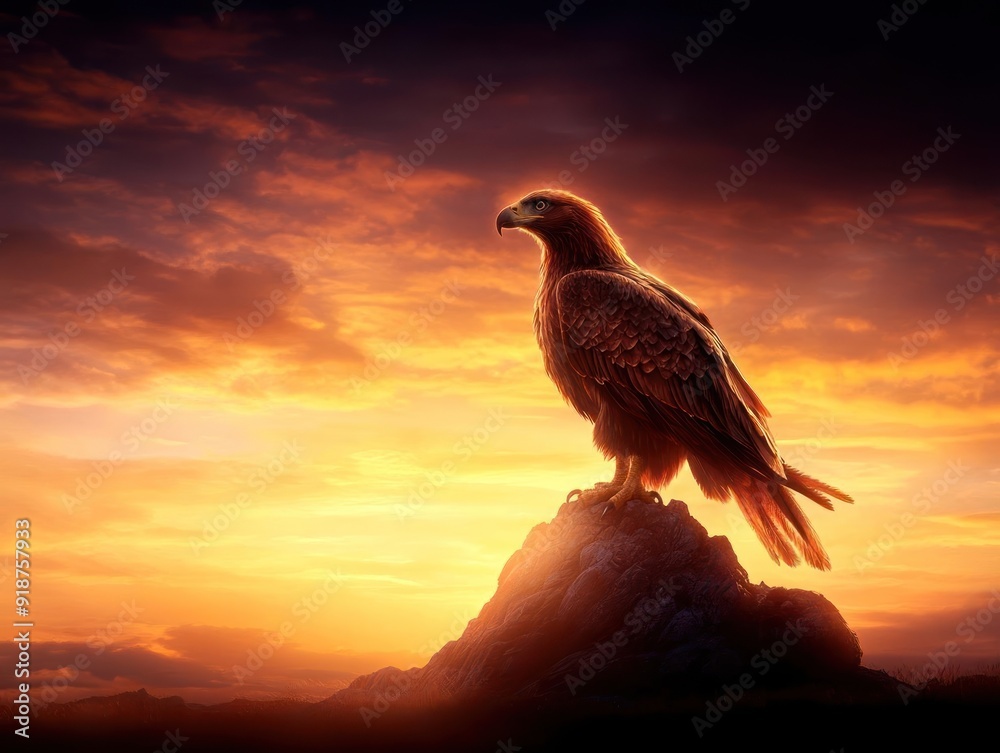 Fototapeta premium Majestic eagle perched on a rock at sunset, symbolizing freedom and strength.