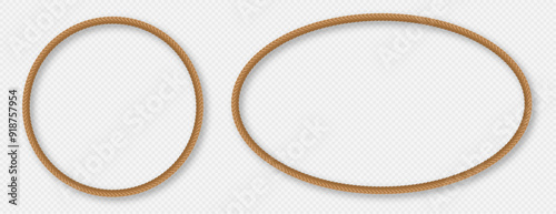 Rope frames, realistic jute cord borders, hemp twisted rope in circle and oval shapes. Vector illustration.
