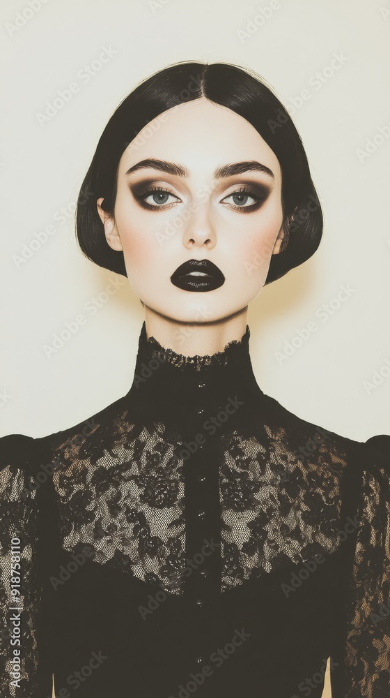 a medium shot portrait of a gothic woman with dark makeup and a black lace dress symbolizing boldness and nonconformity ideal for alternative fashion brands or products that embrace individuality a medium shot portrait of a gothic woman with dark makeup and a black lace dress symbolizing boldness and nonconformity ideal for alternative fashion brands or products that embrace individuality
