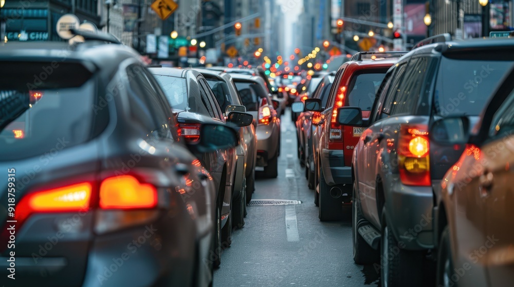 A busy urban street filled with traffic jam, showcasing rows of cars and city lights in the evening atmosphere. A busy urban street filled with traffic jam, showcasing rows of cars and city lights in the evening atmosphere.
