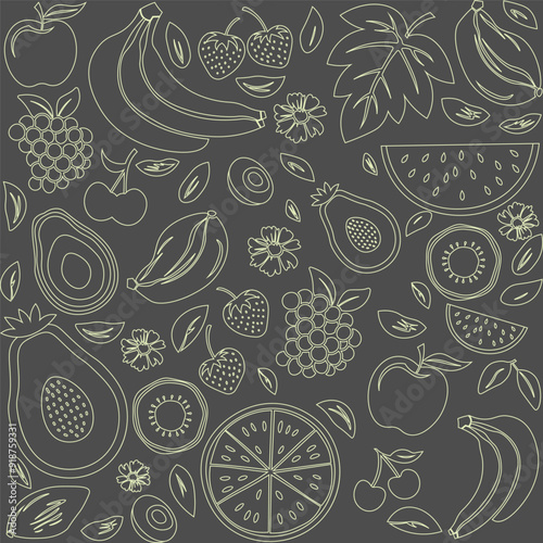 World food day monochromatic line art vector poster, background design of various fruit. Nutritious, healthy diet vector background for world food day, Vegetarian, vegan day.