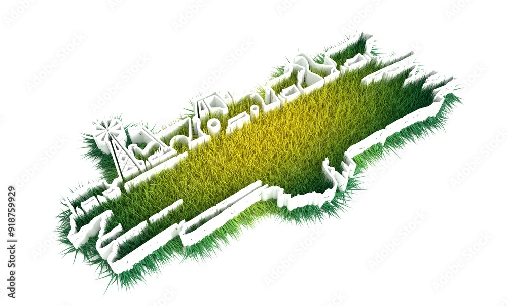 Naklejka premium Brush stroke with agricultural icons. Background for eco products. Green fresh spring grass. Ecology concept. Natural background texture. 3D render