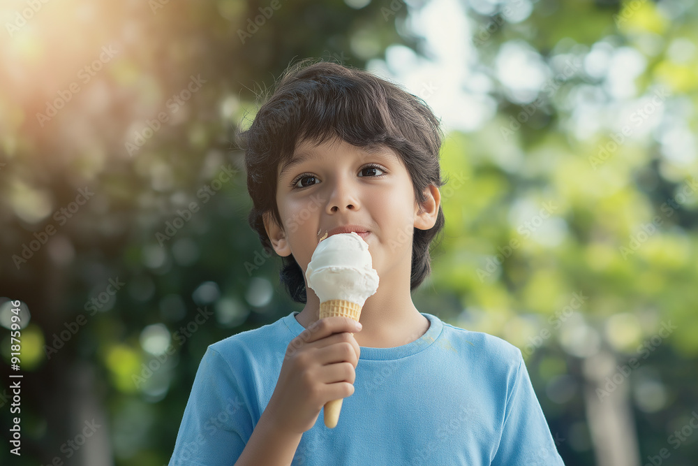 A young boy enjoying a vanilla ice cream cone in a park, illustrating simple childhood pleasures and the joy of a summer day. A young boy enjoying a vanilla ice cream cone in a park, illustrating simple childhood pleasures and the joy of a summer day.