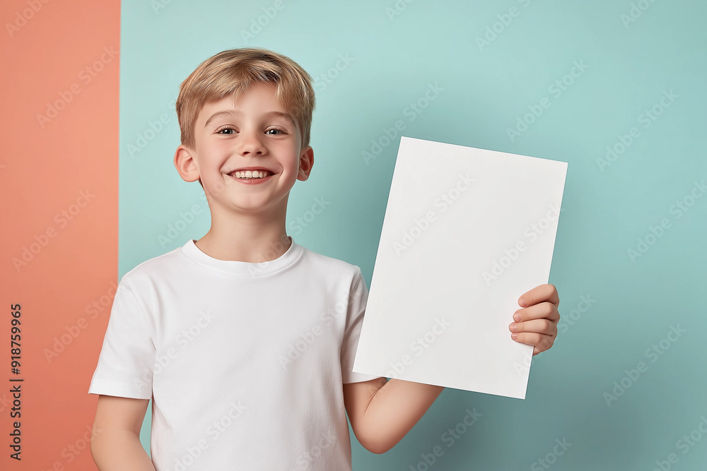 A young boy with a blank white sign standing against a pastel background, smiling brightly, perfect for mockup and copy space needs, representing positivity and potential. A young boy with a blank white sign standing against a pastel background, smiling brightly, perfect for mockup and copy space needs, representing positivity and potential.