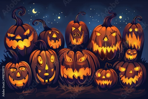 A collection of Halloween pumpkins with various scary expressions