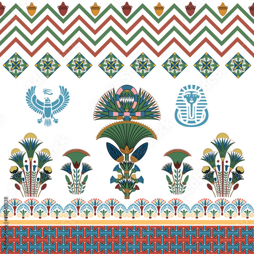 Egyptian-Inspired Pattern with Hieroglyphic Motifs and Geometric Borders