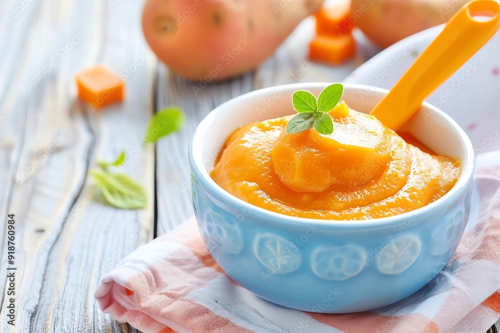 Pureed sweet potatoes in a cute bowl, Baby food, Rich in vitamins and minerals Pureed sweet potatoes in a cute bowl, Baby food, Rich in vitamins and minerals