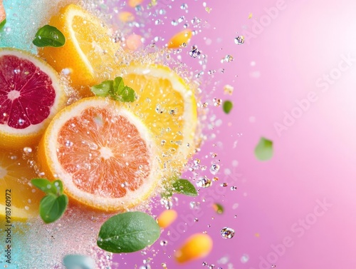 Obraz na płótnie Fresh citrus fruits with water splashes, pink background. w salonie