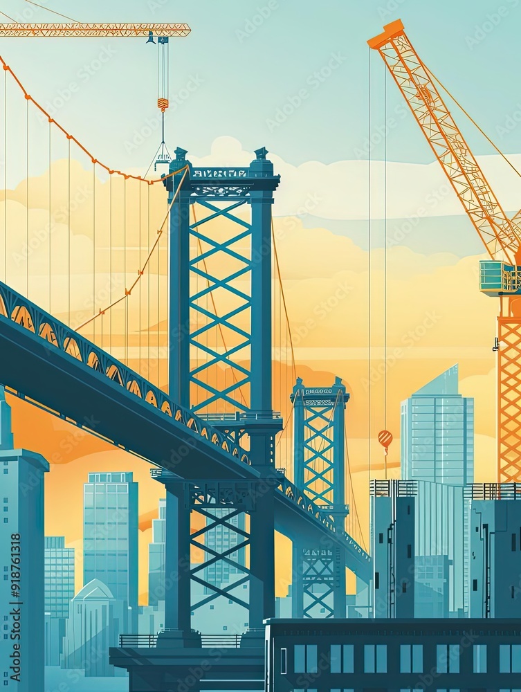 Fototapeta premium Engineering, bridge construction plans, flat design illustration