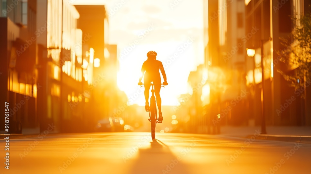 A cyclist rides towards the sunset, creating a captivating silhouette against the golden glow of city buildings.