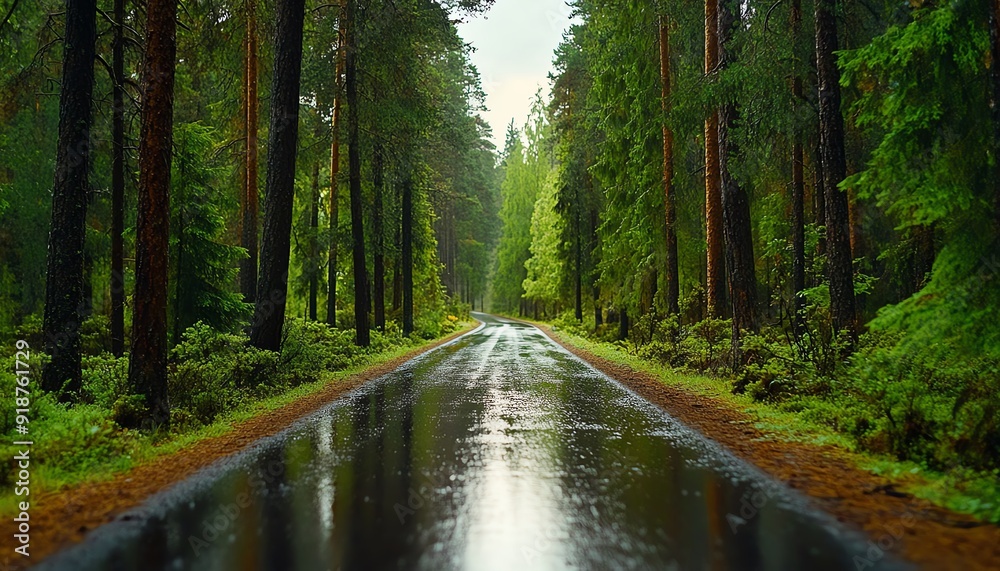 Obraz premium A serene forest road after rain, surrounded by lush green trees, creating a tranquil and rejuvenating atmosphere.