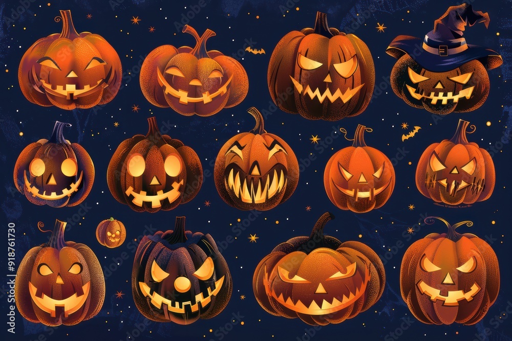 A collection of Halloween pumpkins with various scary expressions A collection of Halloween pumpkins with various scary expressions