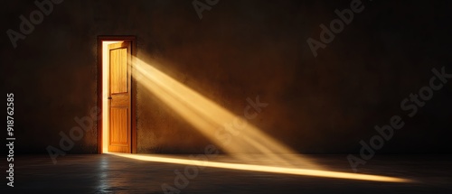 An illuminated door stands ajar, casting a warm beam of light into a dimly lit room, symbolizing hope and new beginnings.