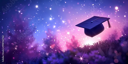 Floating Graduation Cap Amidst Sparkling Bokeh Background with Twilight Sky photo