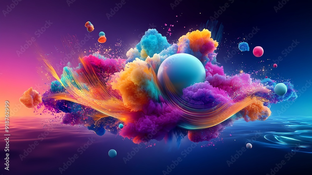 Vibrant abstract cloud with colorful swirls and spheres, creating a mesmerizing visual spectacle in a dreamlike setting. Vibrant abstract cloud with colorful swirls and spheres, creating a mesmerizing visual spectacle in a dreamlike setting.