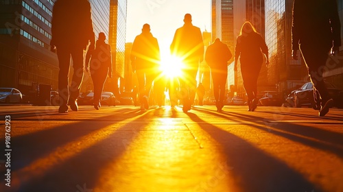 Silhouettes of people walking in a city at sunset, casting long shadows on the ground, symbolizing urban life and movement.