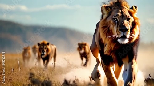 Majestic Lion Pride Charging Across African Savanna at Sunrise
