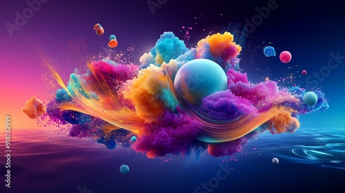 Vibrant abstract cloud with colorful swirls and spheres, creating a mesmerizing visual spectacle in a dreamlike setting.