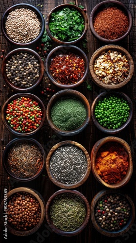 Assortment of Spices in Wooden Bowls