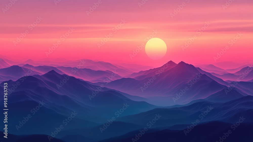 Sunset over a mountain range with a vibrant pink and purple sky Sunset over a mountain range with a vibrant pink and purple sky