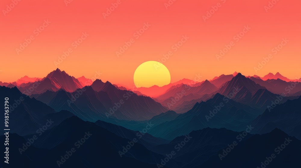 Sunset over layered mountains with a large sun in the sky Sunset over layered mountains with a large sun in the sky