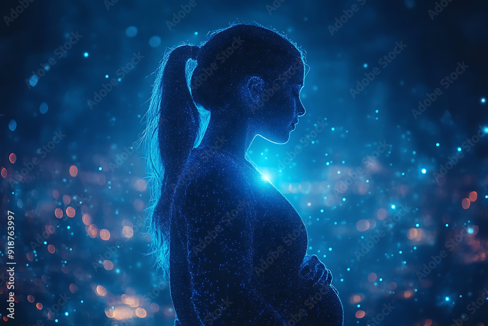 A pregnant woman doing exercises blend geometric lines and shapes and glowing dots, with geometric lines and glowing dot A pregnant woman doing exercises blend geometric lines and shapes and glowing dots, with geometric lines and glowing dot