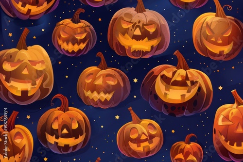 A collection of Halloween pumpkins with various scary expressions