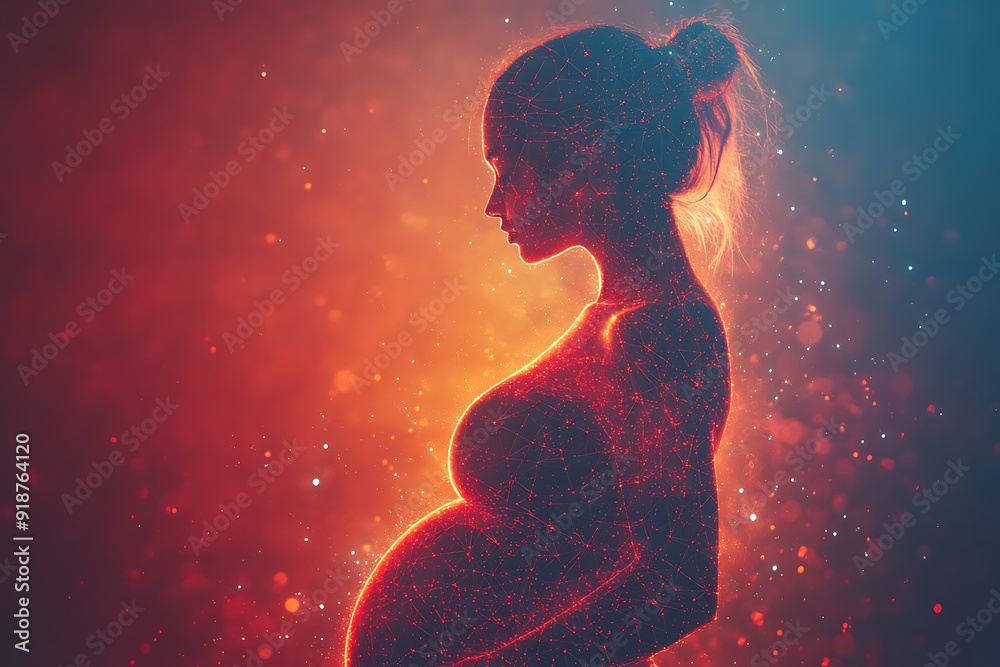 A pregnant woman doing exercises blend geometric lines and shapes and glowing dots, with geometric lines and glowing dot A pregnant woman doing exercises blend geometric lines and shapes and glowing dots, with geometric lines and glowing dot