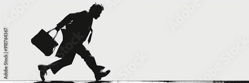 Silhouette of an Asian man in an office outfit picking up his bag and running away from the workplace