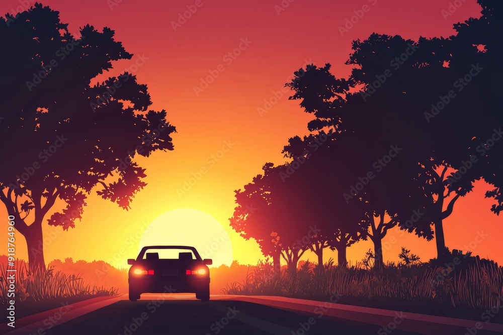 Silhouettes of trees lining the road. A car driving into the sunset, cozy vibe, Generative AI Silhouettes of trees lining the road. A car driving into the sunset, cozy vibe, Generative AI