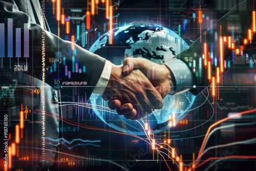 Businessmen handshake with financial graphs and global network hologram, representing a business agreement and stock market trading concept.