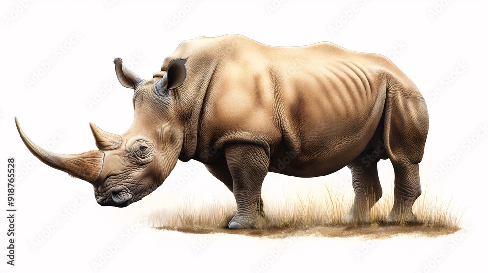 Obraz premium White Rhino in the Grass: A majestic white rhinoceros stands proudly on a patch of brown grass, its powerful form and distinctive horn capturing the essence of this endangered species. 