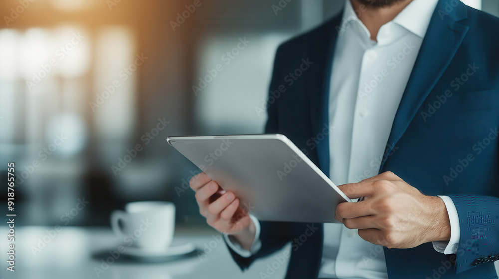 Business manager using a tablet to manage asset resources, asset resource management, modern resource management Business manager using a tablet to manage asset resources, asset resource management, modern resource management