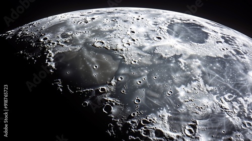 A close-up of the moon's surface, showcasing detailed craters and rugged terrain against the blackness of space.