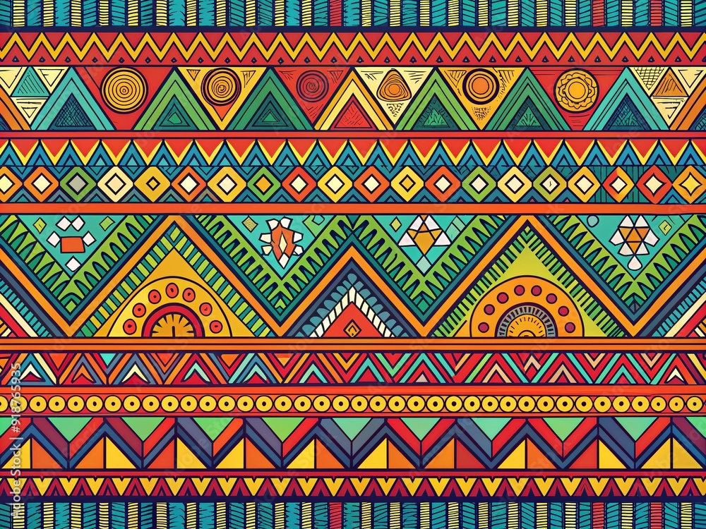 Vibrant hand-drawn African tribal pattern featuring geometric ornaments, bright stripes, and tropical motifs, perfect for summer bohemian vector prints, wallpapers, and textile designs. Vibrant hand-drawn African tribal pattern featuring geometric ornaments, bright stripes, and tropical motifs, perfect for summer bohemian vector prints, wallpapers, and textile designs.