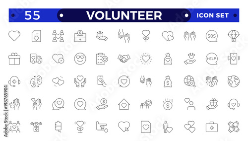  Volunteer icon set. Charity and Volunteering thin line style of philanthropic icons: almsgiving, helping those in need, donation, contribution, humanism, altruism